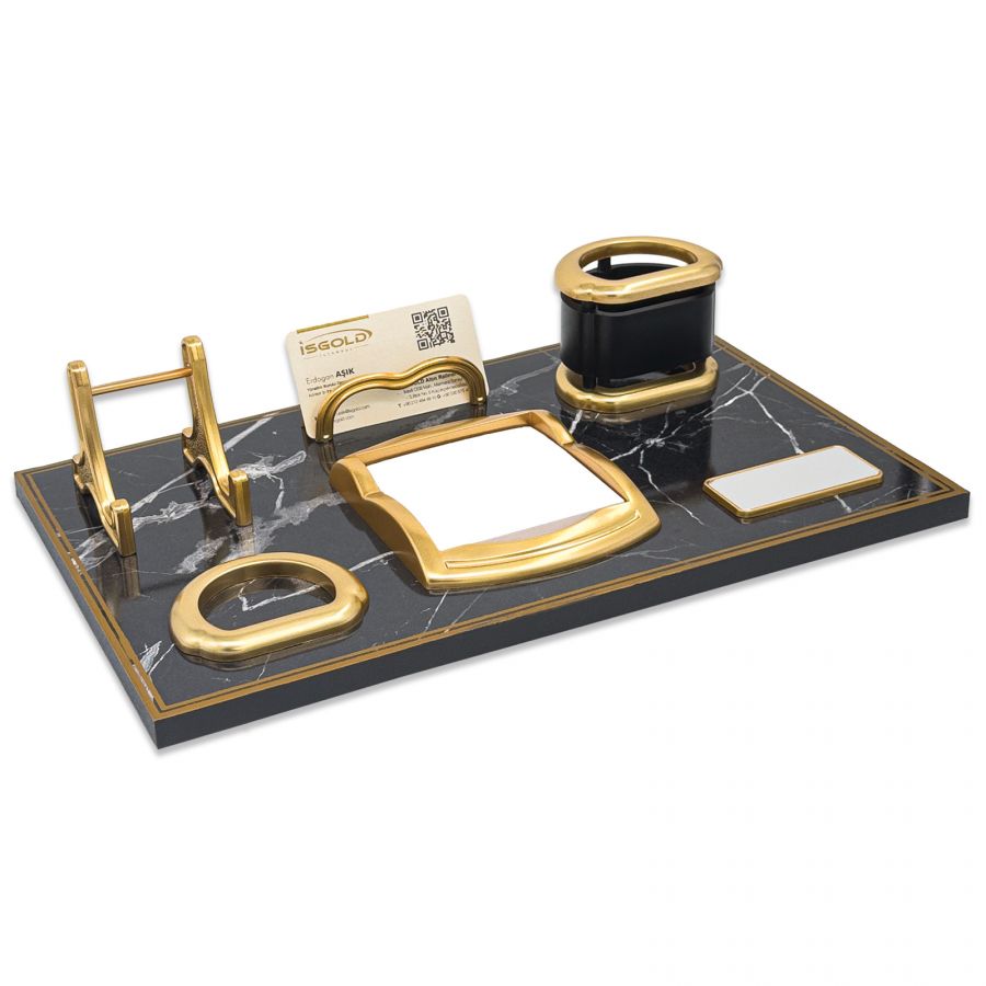 487833 ASİL SİYAH-ALTIN MERMER DESENLİ MASA SETİ